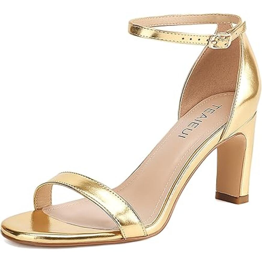 Teaieui Womens Size 6.5 Shiny Gold 3" Heel Open Toe Ankle Strap Sandal Shoes